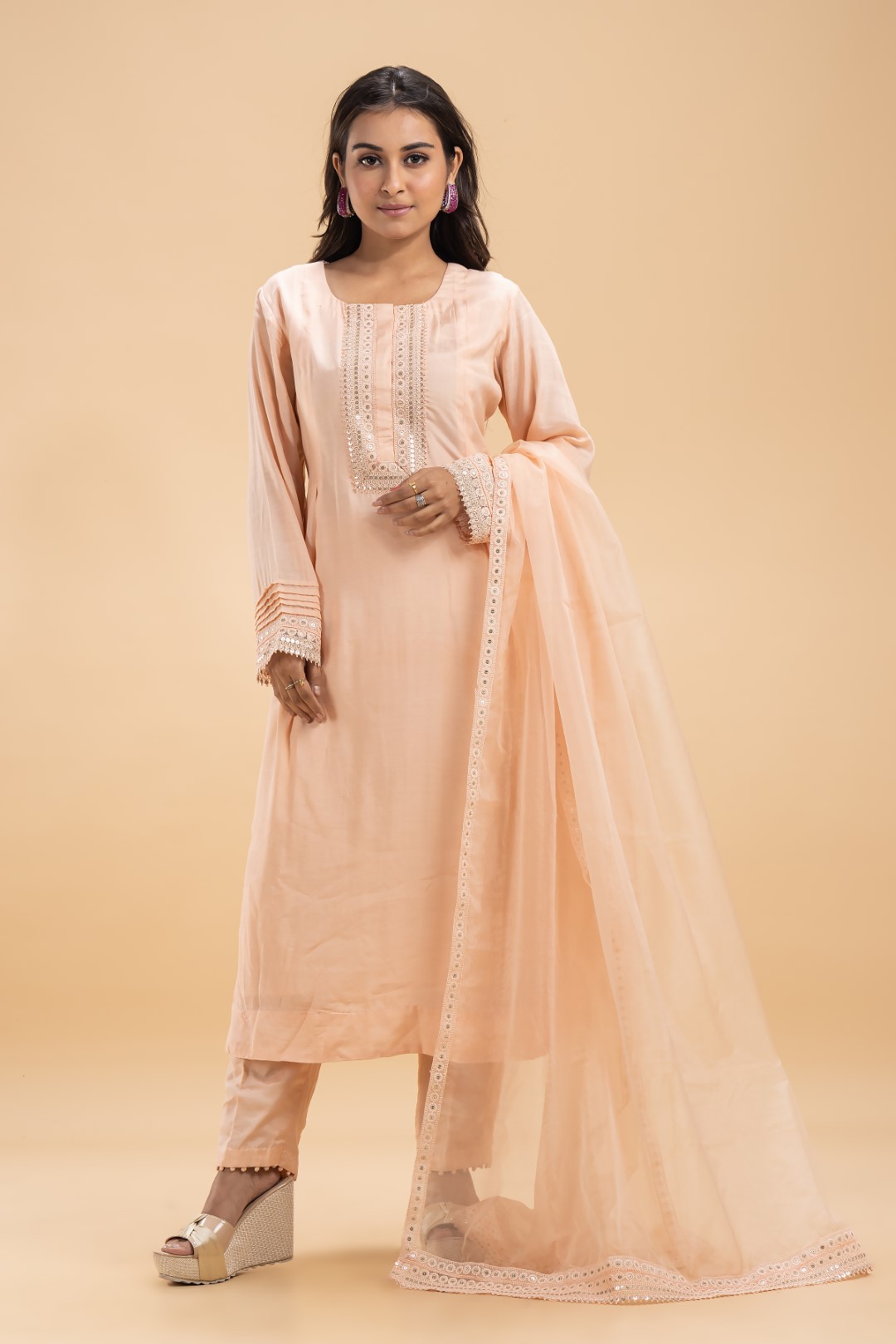 Peach Pink Kurta Set with Lace Detailing, Sheer Dupatta, and Detailed Pants