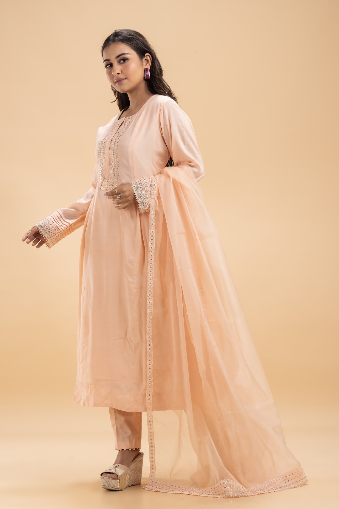 Peach Pink Kurta Set with Lace Detailing, Sheer Dupatta, and Detailed Pants