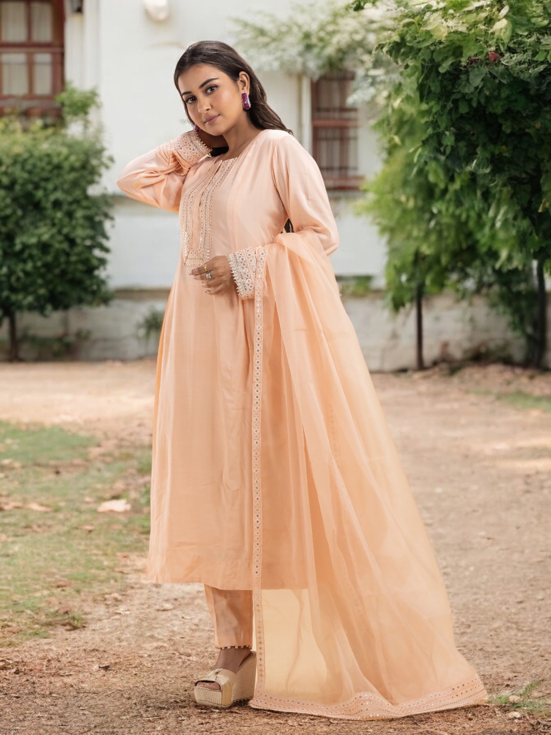 Peach Pink Kurta Set with Lace Detailing, Sheer Dupatta, and Detailed Pants