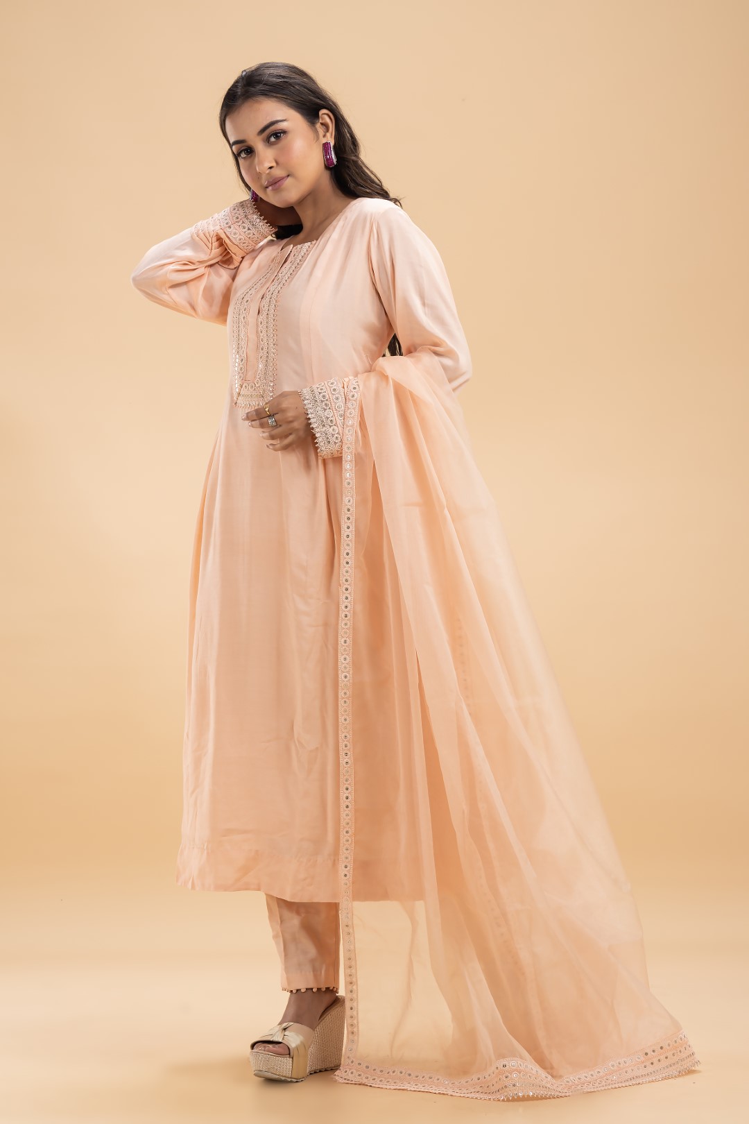 Peach Pink Kurta Set with Lace Detailing, Sheer Dupatta, and Detailed Pants